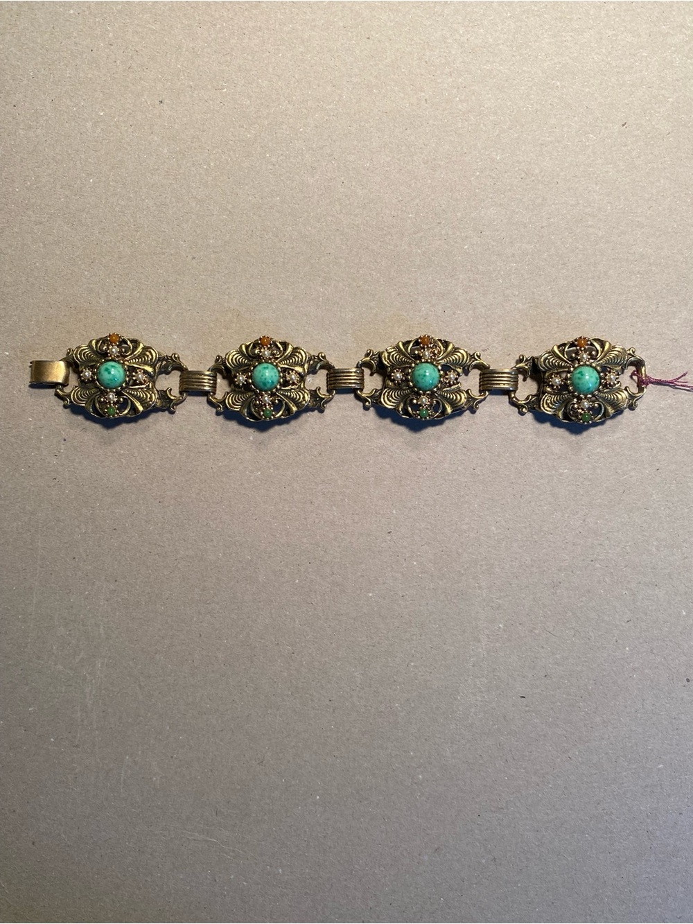 Antique-Style Turquoise Cabochon Link Bracelet - Gold Tone